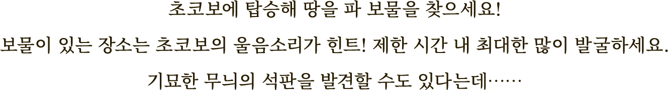 초코보에 탑승해 땅을 파 보물을 찾으세요!
보물이 있는 장소는 초코보의 울음소리가 힌트!
제한 시간 내 최대한 많이 발굴하세요.
기묘한 무늬의 석판을 발견할 수도 있다는데……